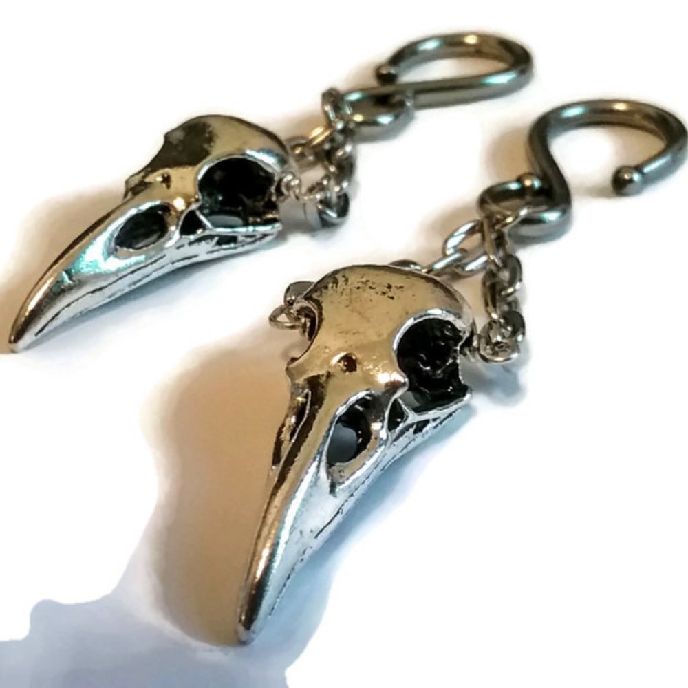 Silver Pewter Raven Skull Gothic Ear Weights Hangers for Stretched Earlobes